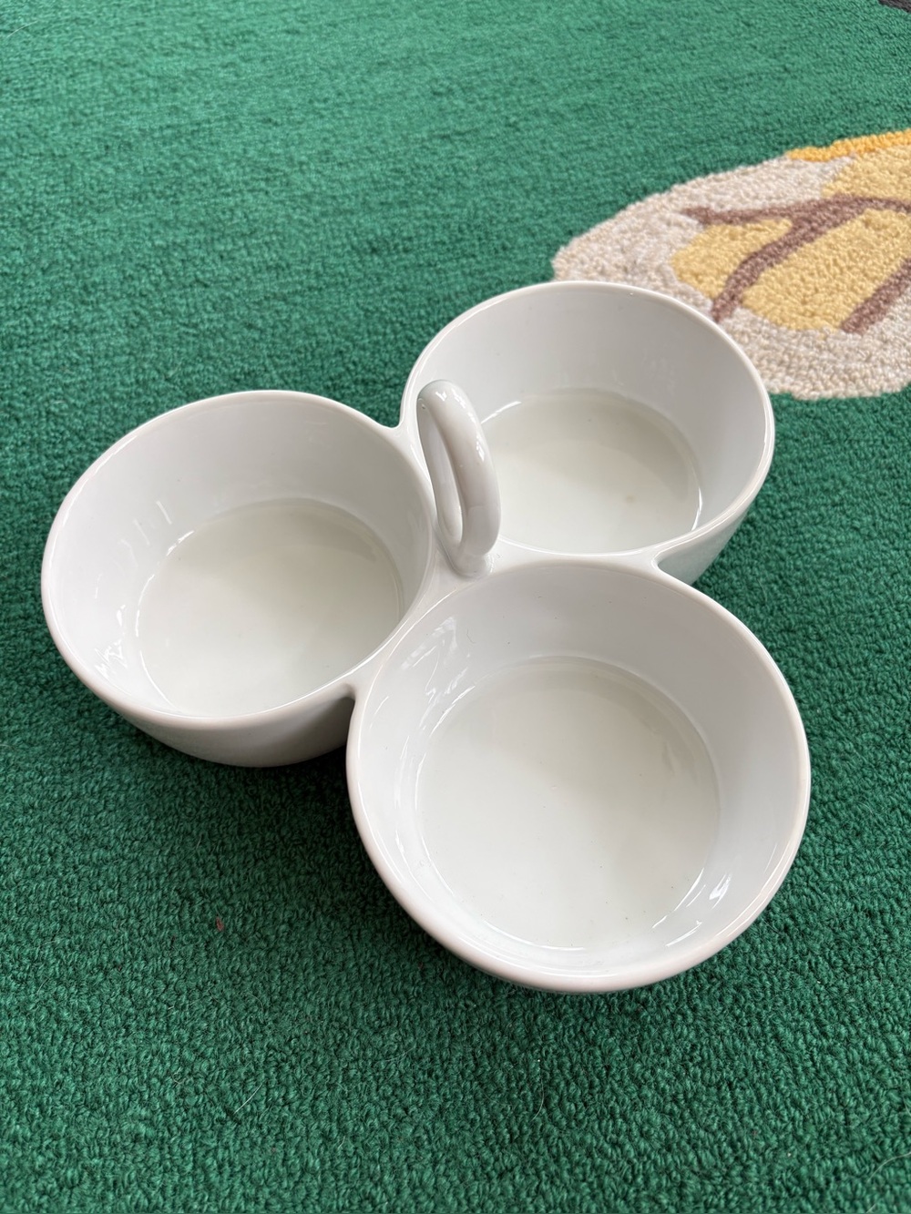 Tag White Ceramic Triple Snack Server with Center Loop Handle